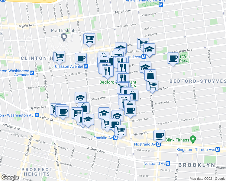 map of restaurants, bars, coffee shops, grocery stores, and more near 128 Quincy Street in Brooklyn