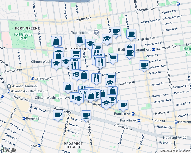 map of restaurants, bars, coffee shops, grocery stores, and more near 34 Cambridge Place in Brooklyn