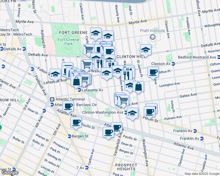 map of restaurants, bars, coffee shops, grocery stores, and more near 72 Greene Avenue in Brooklyn