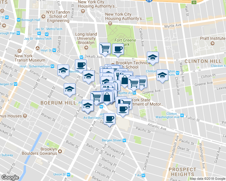 map of restaurants, bars, coffee shops, grocery stores, and more near 121 Saint Felix Street in Brooklyn