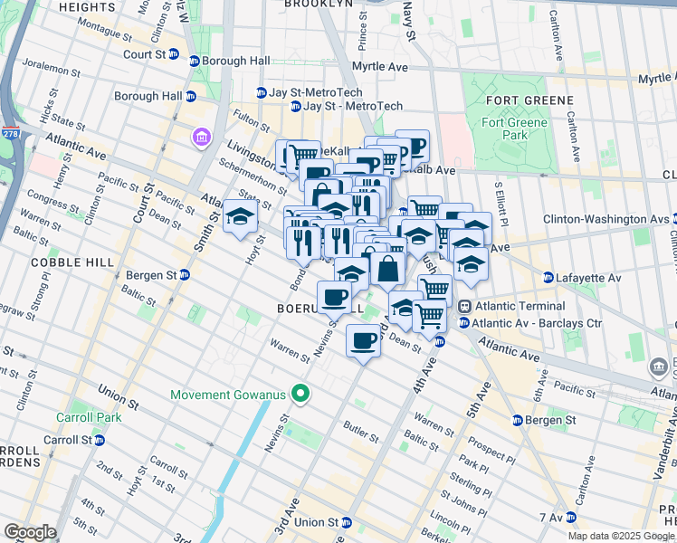 map of restaurants, bars, coffee shops, grocery stores, and more near 460 Atlantic Avenue in Brooklyn