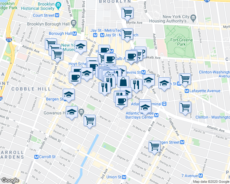 map of restaurants, bars, coffee shops, grocery stores, and more near 415 Pacific Street in Brooklyn