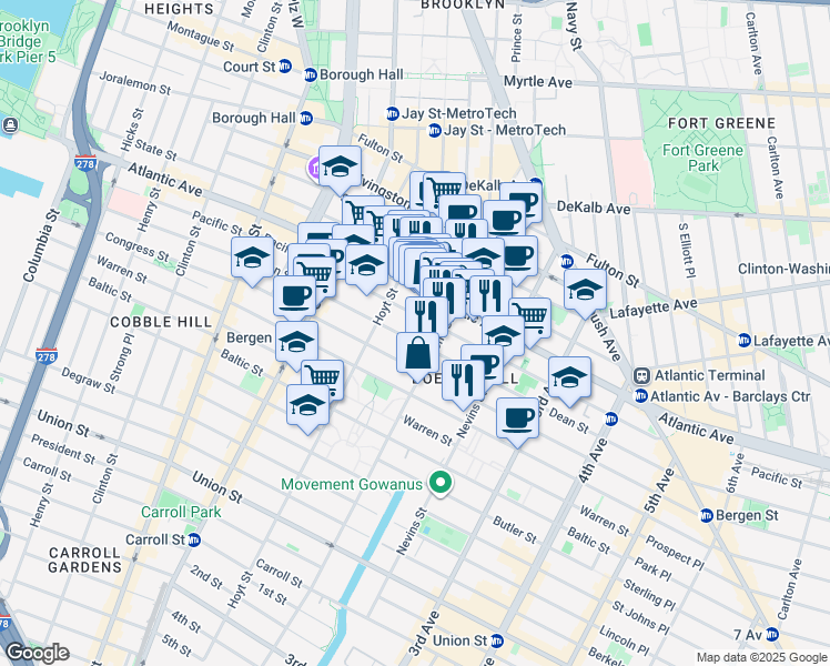 map of restaurants, bars, coffee shops, grocery stores, and more near 191 Dean Street in Brooklyn