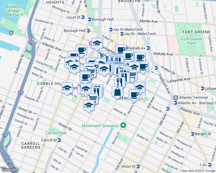 map of restaurants, bars, coffee shops, grocery stores, and more near 148 Dean Street in Brooklyn