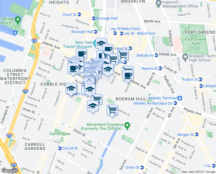 map of restaurants, bars, coffee shops, grocery stores, and more near 128 Bergen Street in Brooklyn