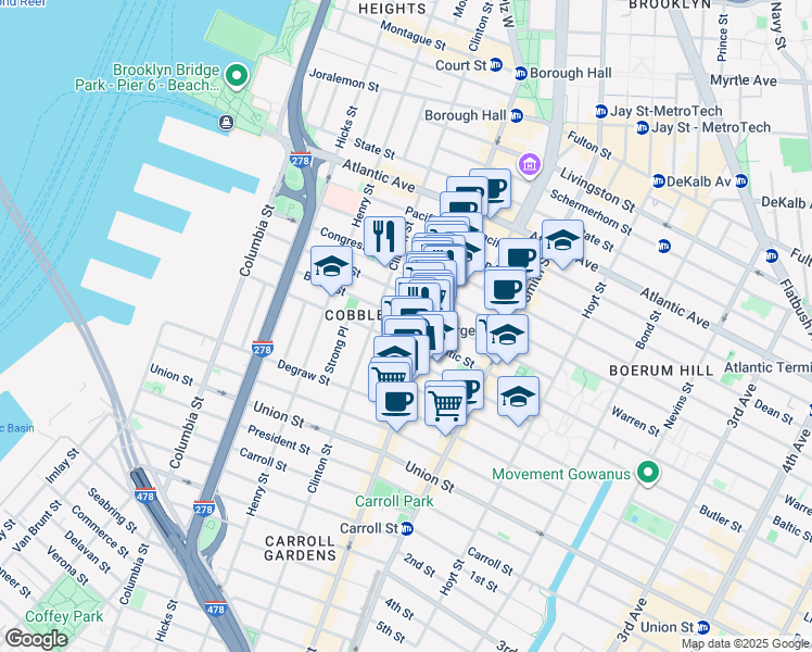 map of restaurants, bars, coffee shops, grocery stores, and more near 243 Kane Street in Brooklyn