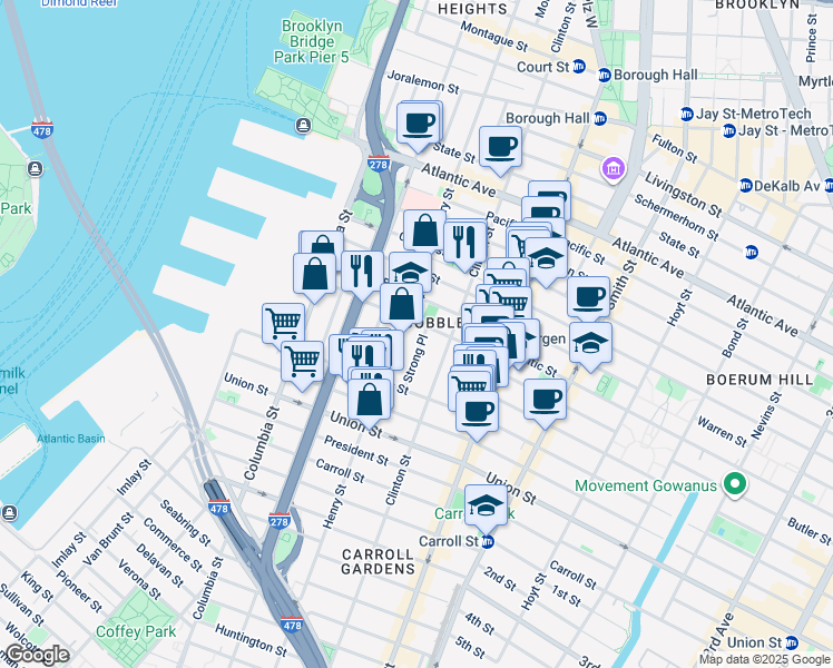 map of restaurants, bars, coffee shops, grocery stores, and more near 20 Strong Place in Brooklyn