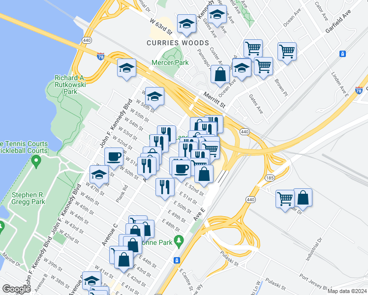 map of restaurants, bars, coffee shops, grocery stores, and more near 35 West 54th Street in Bayonne