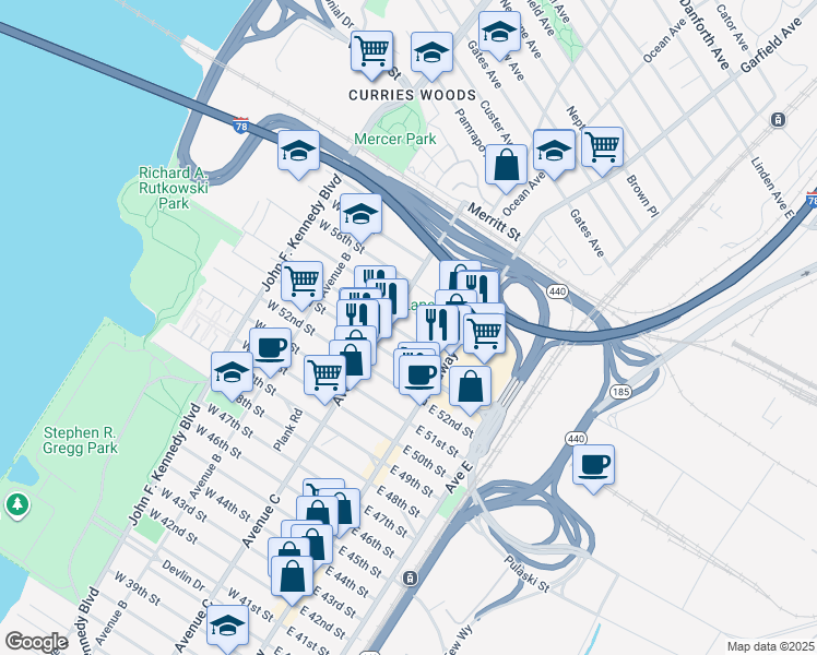 map of restaurants, bars, coffee shops, grocery stores, and more near 35 West 54th Street in Bayonne