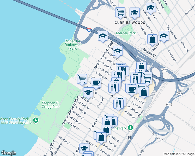 map of restaurants, bars, coffee shops, grocery stores, and more near 132 West 51st Street in Bayonne