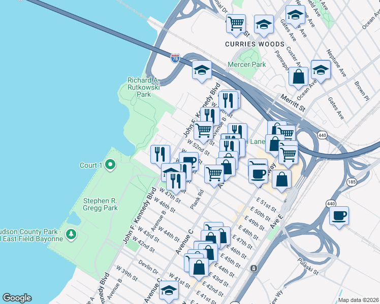 map of restaurants, bars, coffee shops, grocery stores, and more near 132 West 51st Street in Bayonne
