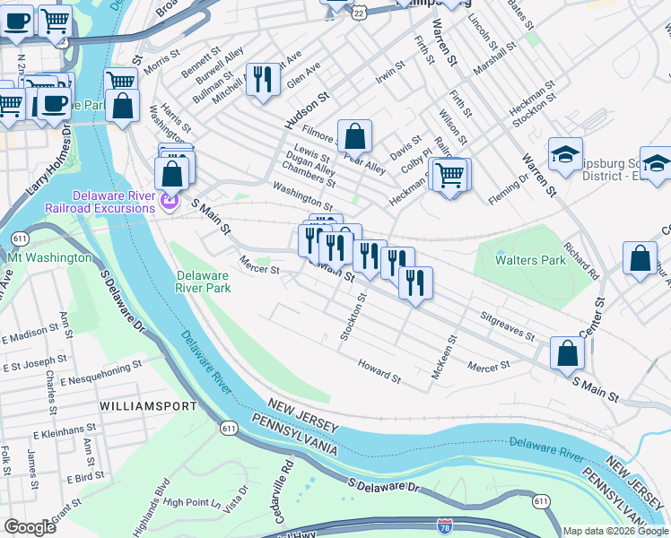 map of restaurants, bars, coffee shops, grocery stores, and more near 399 South Main Street in Phillipsburg