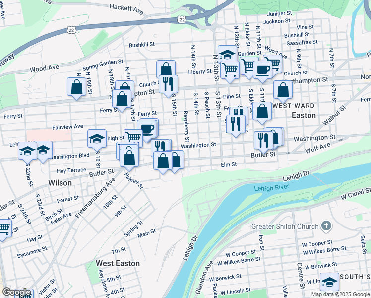 map of restaurants, bars, coffee shops, grocery stores, and more near 1440 Washington Street in Easton