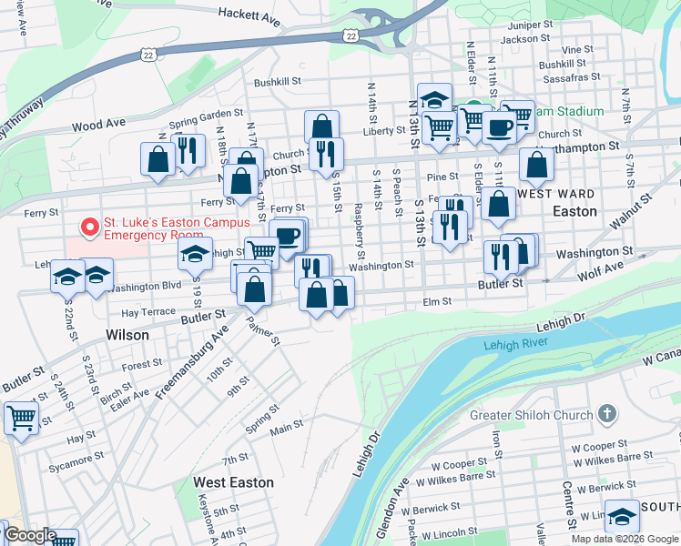 map of restaurants, bars, coffee shops, grocery stores, and more near 1522 Washington Street in Easton