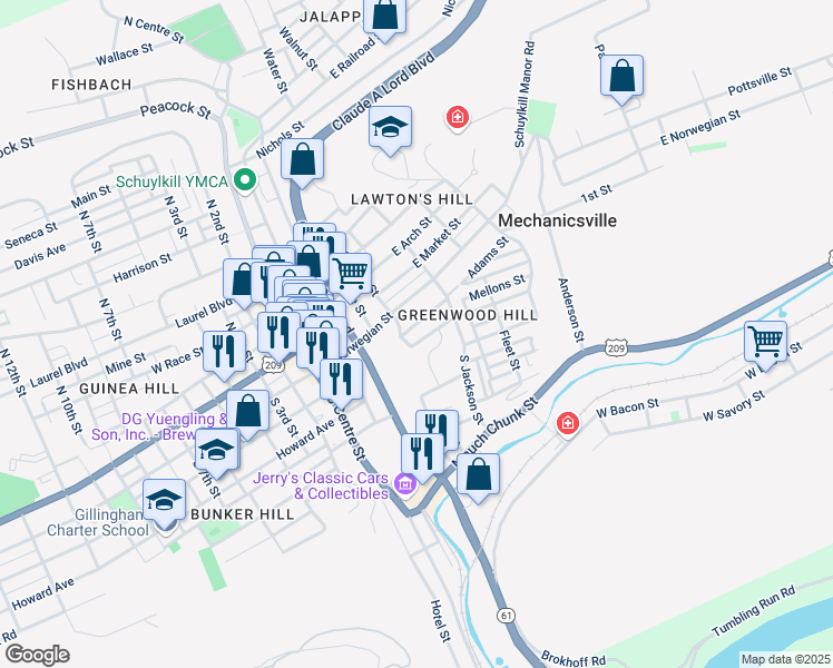 map of restaurants, bars, coffee shops, grocery stores, and more near 427 Greenwood Avenue in Pottsville