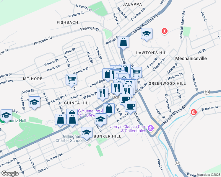 map of restaurants, bars, coffee shops, grocery stores, and more near 200 North 2nd Street in Pottsville