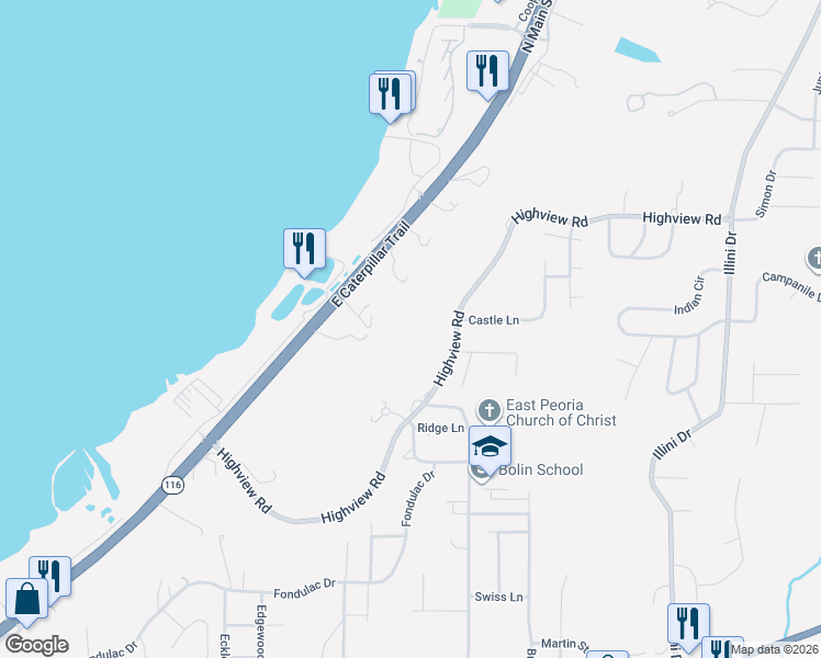 map of restaurants, bars, coffee shops, grocery stores, and more near 501 Highview Road in East Peoria
