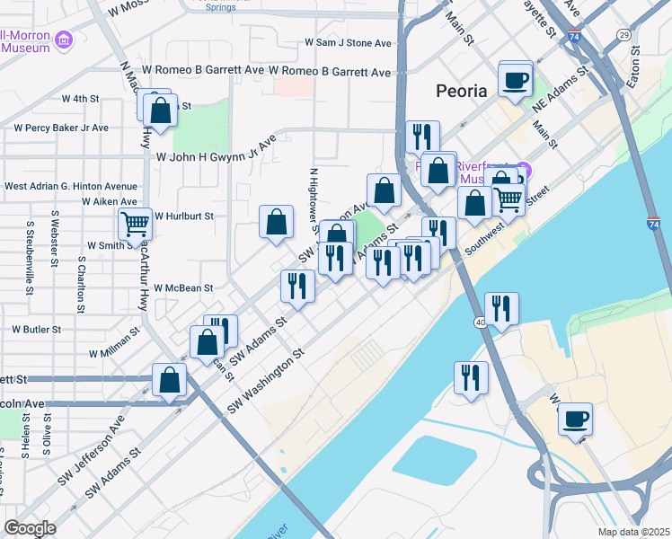 map of restaurants, bars, coffee shops, grocery stores, and more near 831 Southwest Adams Street in Peoria