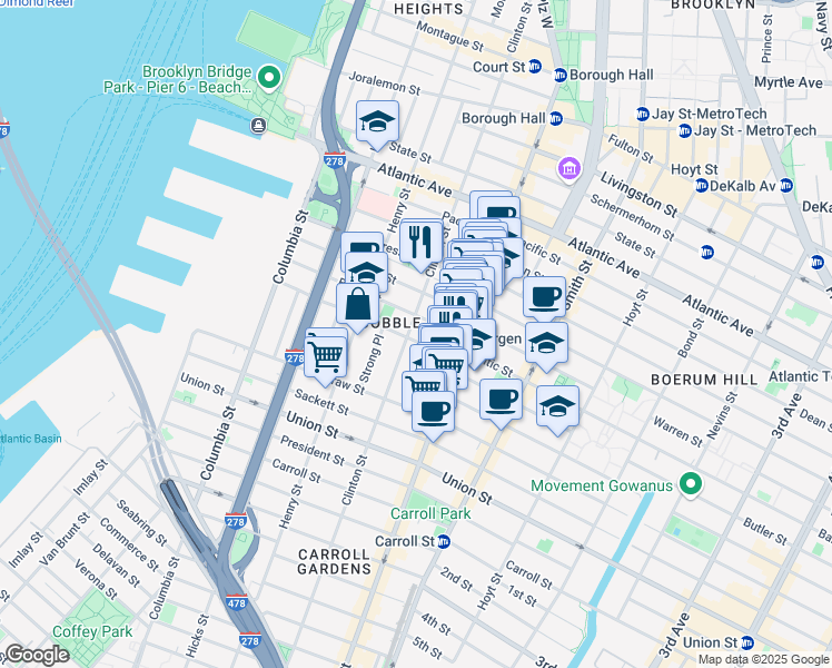 map of restaurants, bars, coffee shops, grocery stores, and more near 295 Clinton Street in Brooklyn