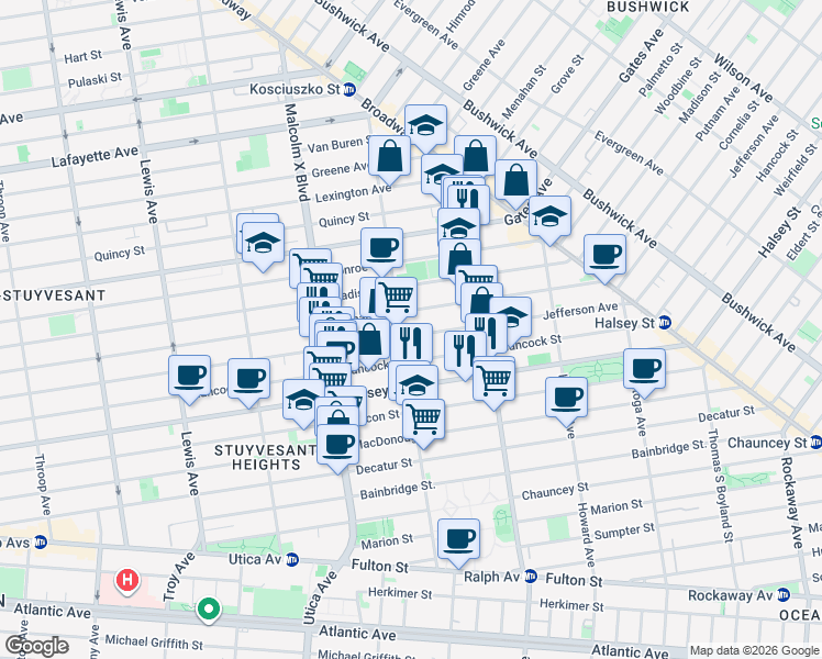 map of restaurants, bars, coffee shops, grocery stores, and more near 780 Jefferson Avenue in Brooklyn
