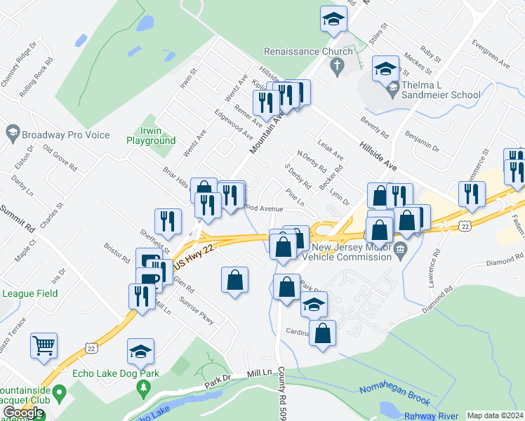 map of restaurants, bars, coffee shops, grocery stores, and more near 47 Rosewood Avenue in Springfield