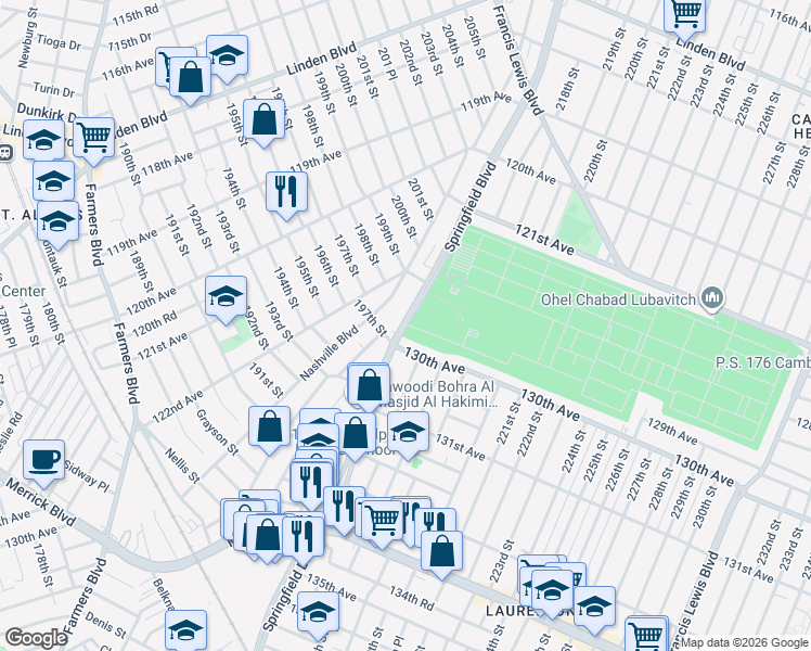 map of restaurants, bars, coffee shops, grocery stores, and more near 60 Springfield Boulevard in Queens