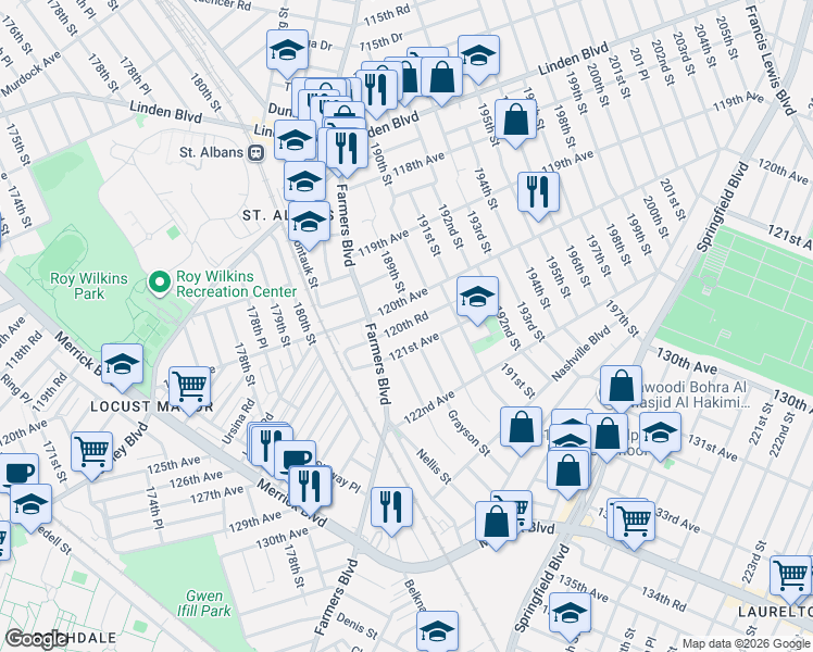 map of restaurants, bars, coffee shops, grocery stores, and more near 188-36 120th Road in Queens
