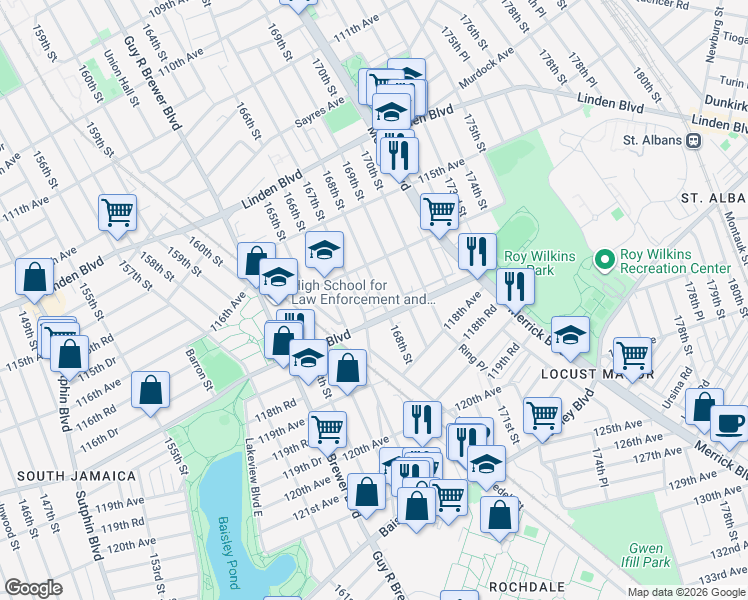 map of restaurants, bars, coffee shops, grocery stores, and more near 116-46 168th Street in Queens