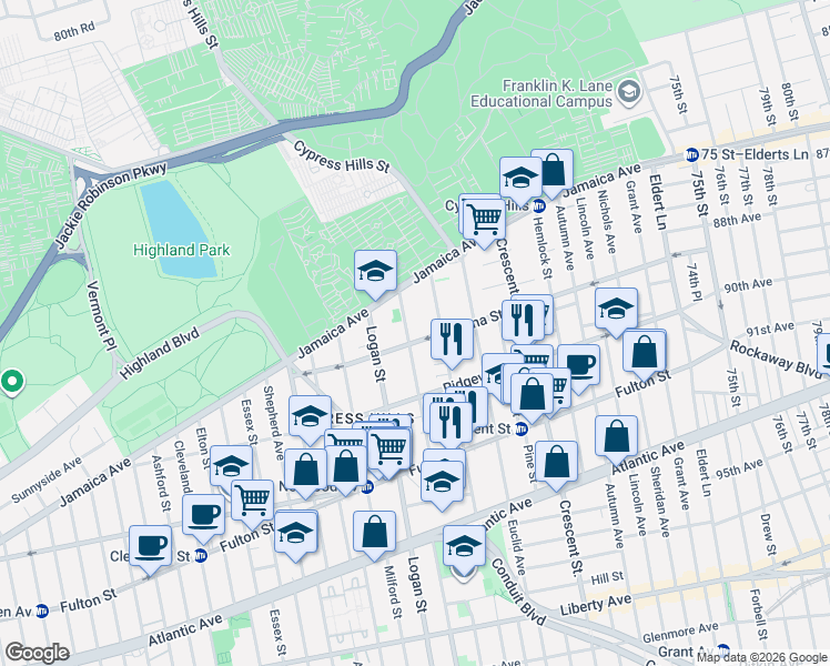 map of restaurants, bars, coffee shops, grocery stores, and more near 151 Etna Street in Brooklyn