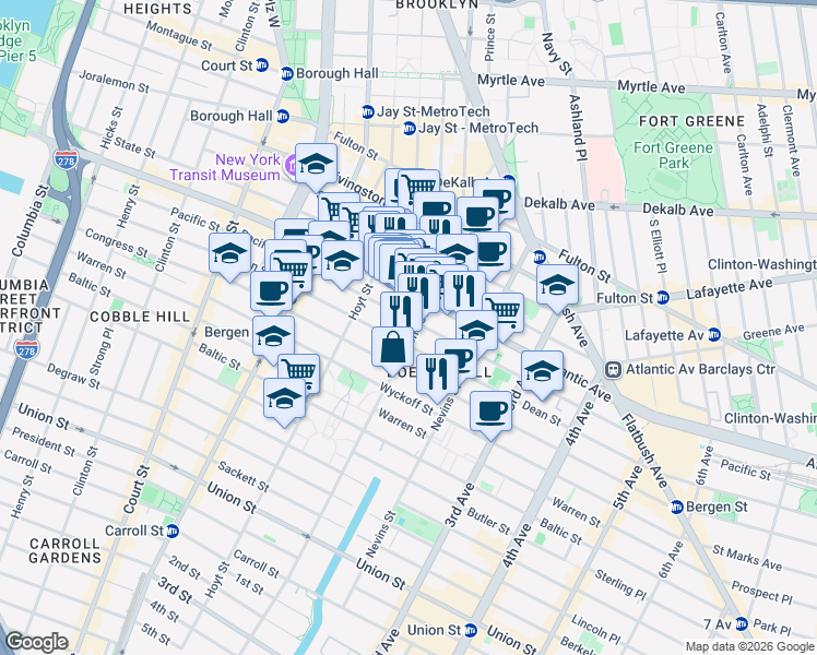 map of restaurants, bars, coffee shops, grocery stores, and more near 191 Dean Street in Brooklyn