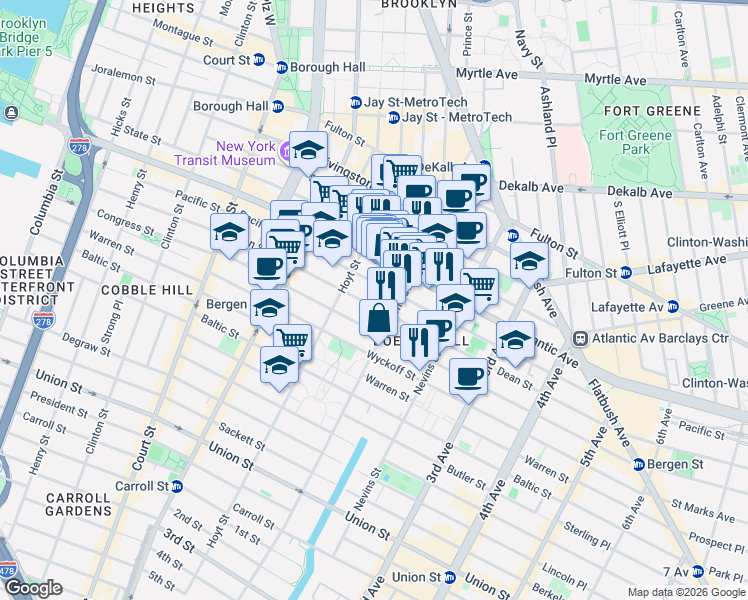 map of restaurants, bars, coffee shops, grocery stores, and more near 191 Dean Street in Brooklyn