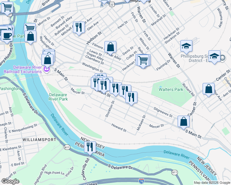 map of restaurants, bars, coffee shops, grocery stores, and more near 100 Sitgreaves Street in Phillipsburg