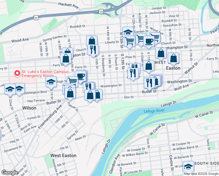 map of restaurants, bars, coffee shops, grocery stores, and more near 1330 Washington Street in Easton