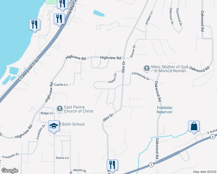 map of restaurants, bars, coffee shops, grocery stores, and more near 512-598 Indian Circle in East Peoria