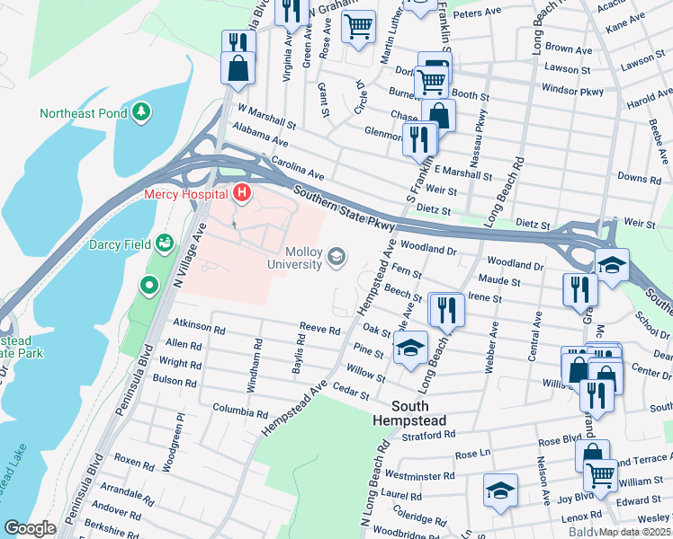 map of restaurants, bars, coffee shops, grocery stores, and more near 1000 Hempstead Avenue in Rockville Centre