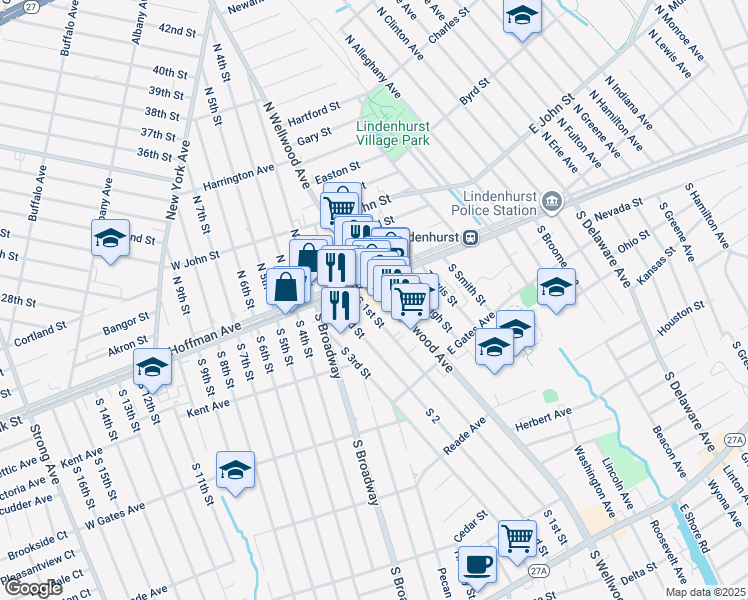 map of restaurants, bars, coffee shops, grocery stores, and more near 138 South 1st Street in Lindenhurst