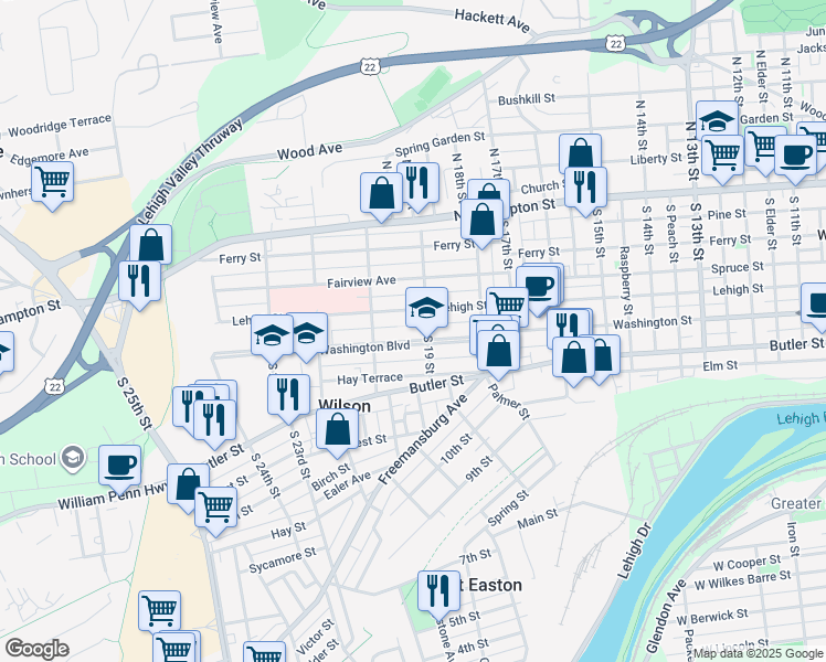 map of restaurants, bars, coffee shops, grocery stores, and more near 1901 Washington Boulevard in Easton