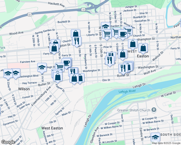 map of restaurants, bars, coffee shops, grocery stores, and more near 1330 Washington Street in Easton