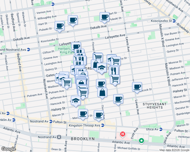 map of restaurants, bars, coffee shops, grocery stores, and more near 397 Madison Street in Brooklyn