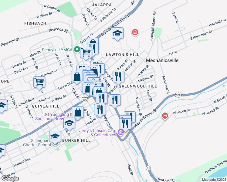 map of restaurants, bars, coffee shops, grocery stores, and more near 333 East Norwegian Street in Pottsville