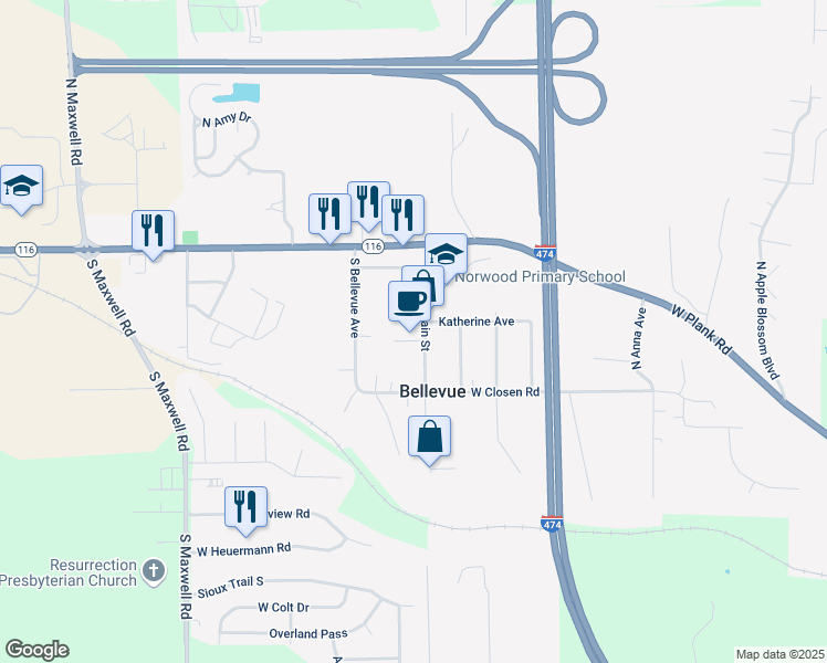 map of restaurants, bars, coffee shops, grocery stores, and more near 307 South Main Street in Peoria