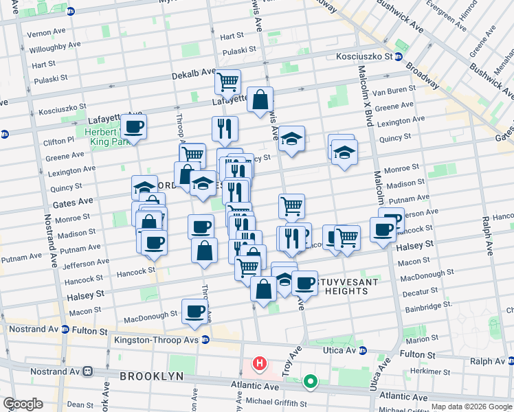 map of restaurants, bars, coffee shops, grocery stores, and more near Madison Street in Brooklyn
