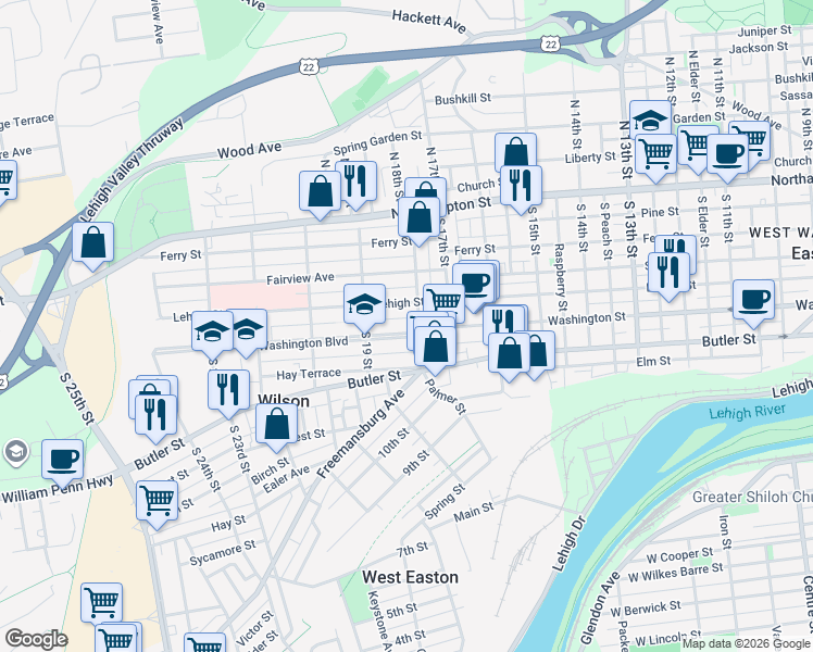 map of restaurants, bars, coffee shops, grocery stores, and more near 1807 Washington Boulevard in Easton