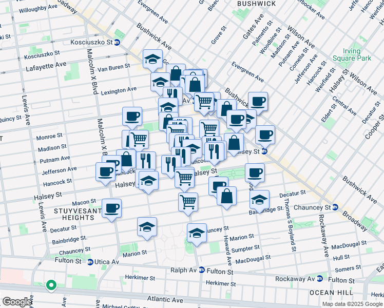 map of restaurants, bars, coffee shops, grocery stores, and more near 119 Ralph Avenue in Brooklyn