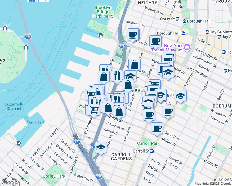 map of restaurants, bars, coffee shops, grocery stores, and more near 485 Hicks Street in Brooklyn