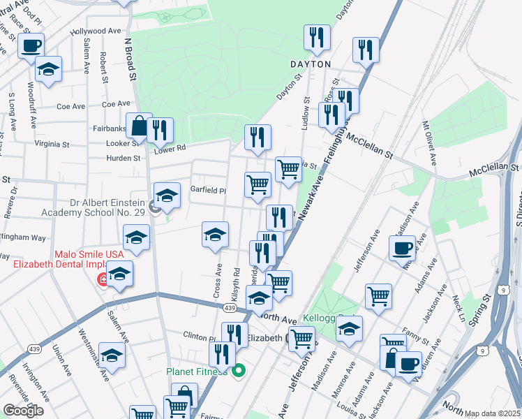 map of restaurants, bars, coffee shops, grocery stores, and more near Alina St & Sheridan Ave in Elizabeth