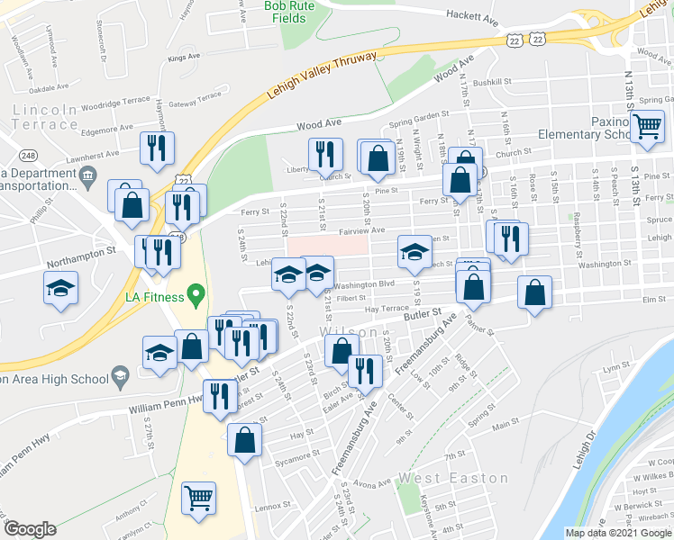 map of restaurants, bars, coffee shops, grocery stores, and more near 2101 Beech Street in Easton