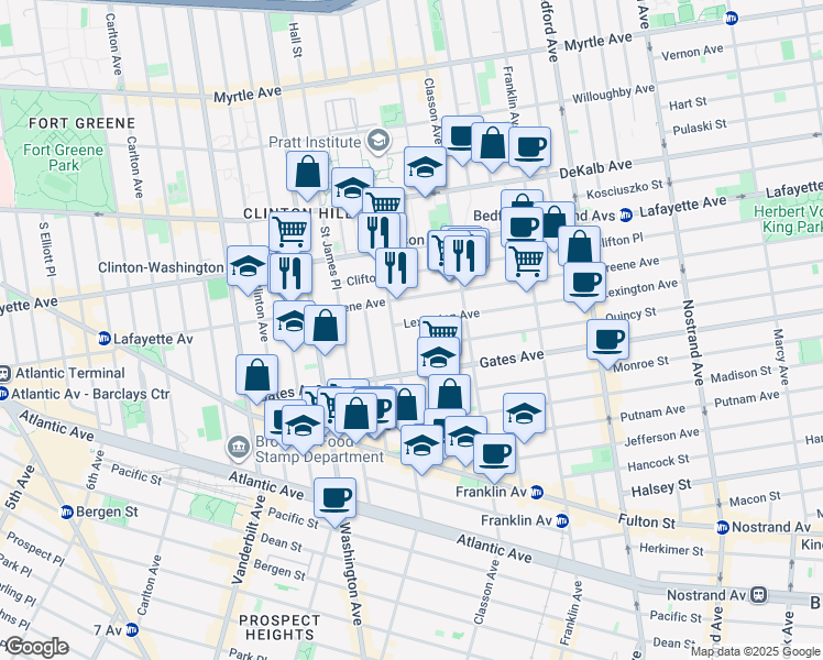 map of restaurants, bars, coffee shops, grocery stores, and more near 10 Lexington Avenue in Brooklyn