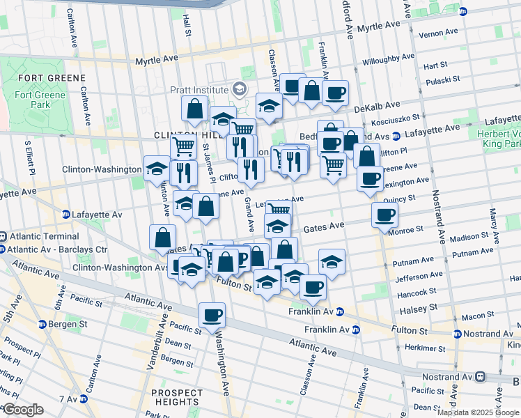 map of restaurants, bars, coffee shops, grocery stores, and more near 10 Lexington Avenue in Brooklyn