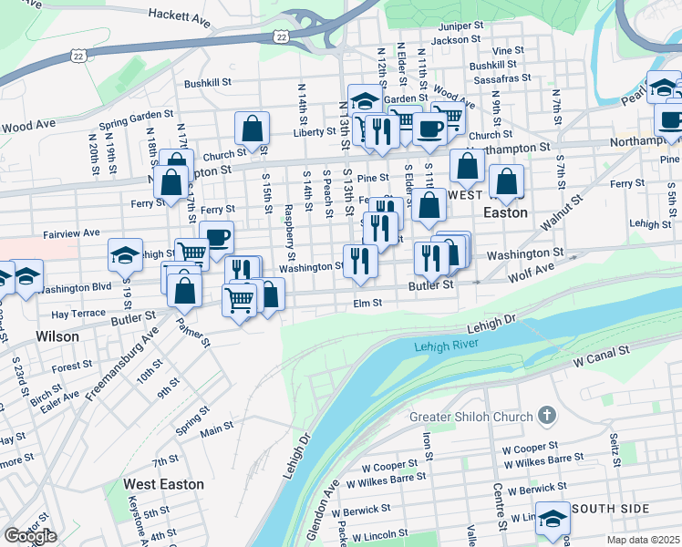 map of restaurants, bars, coffee shops, grocery stores, and more near 325 South 13th Street in Easton